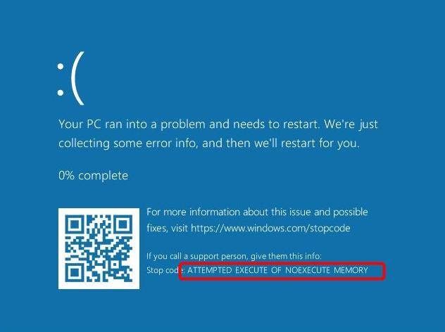 Ошибка attempted execute of noexecute memory windows 10