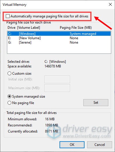 increase virtual memory uncheck automatically manage paging file size for all drives