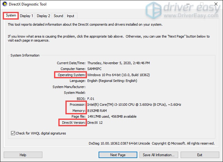 check system information from DirectX Diagnostic Tool