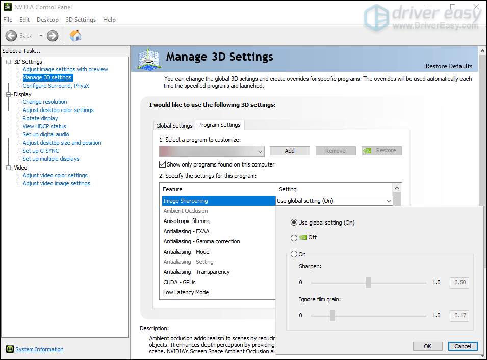enable NVIDIA Image Sharpening for a specific game