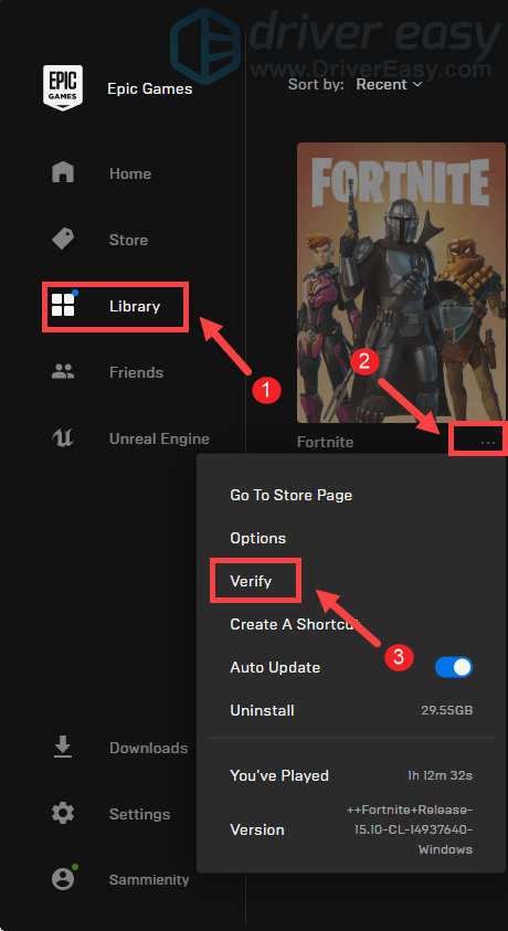 Fortnite verify game files in Epic Games Launcher