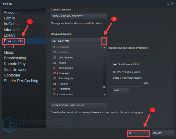 how to change download region in Steam