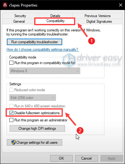 disable fullscreen optimizations on Steam to fix Apex Legends stuttering issue