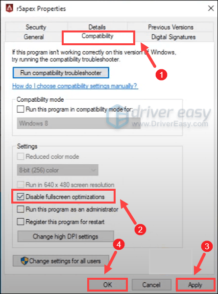 disable fullscreen optimizations on Steam to fix Apex Legends stuttering issue