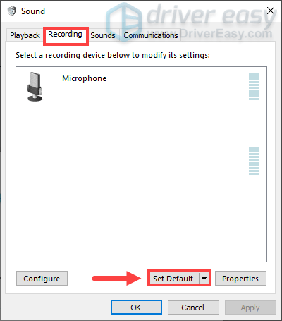 set the microphone as the default device