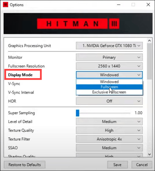 try a different display mode in HITMAN 3