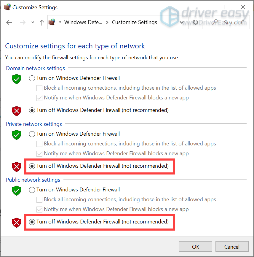 turn off windows defender firewall