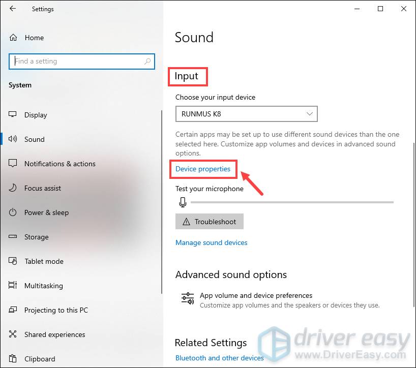 sound settings input section
