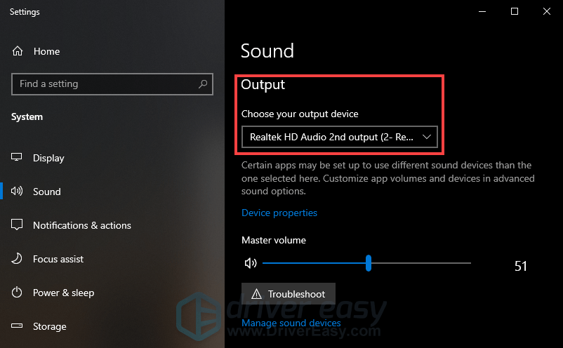 check if the output device is set correctly