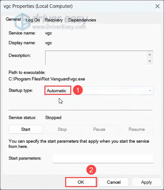set vgc service startup to automatic to fix valorant black screen