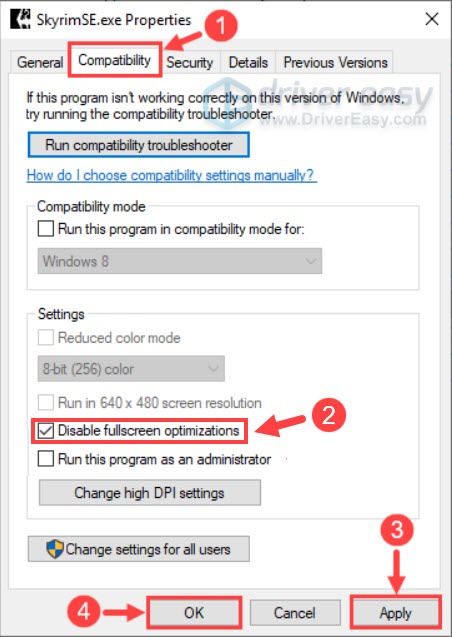 skyrim special edition disable fullscreen optimizations