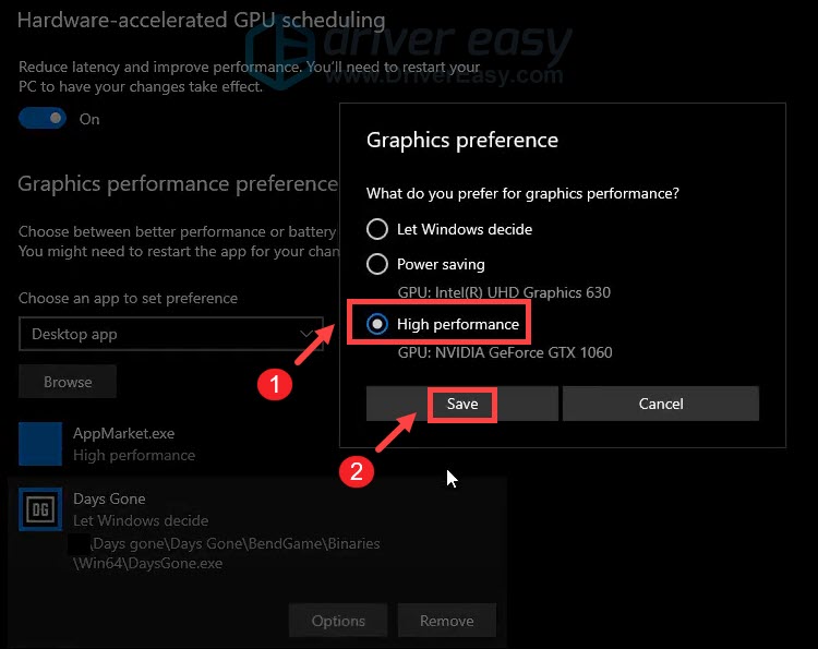 customize graphics performance preference high performance Days gone