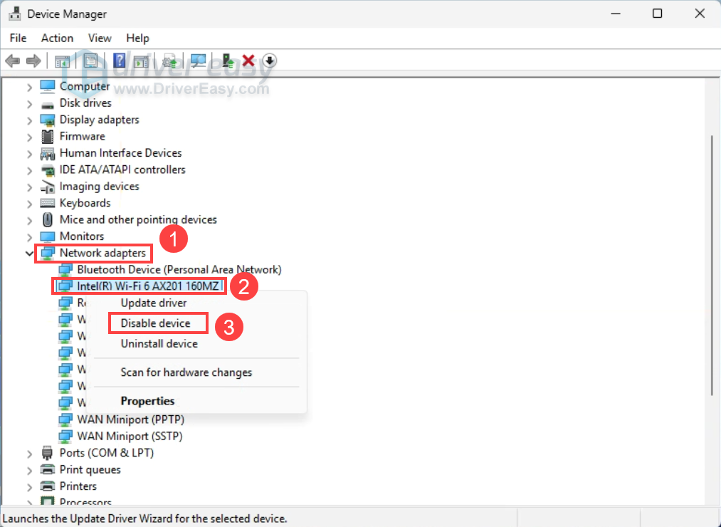 disable intel ax201 wifi adapter in device manager