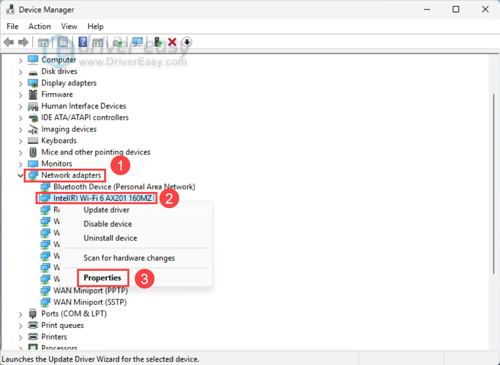 intel ax201 wifi adapter device properties