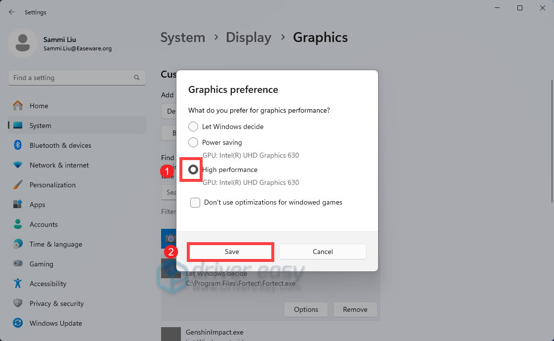 Windows 11 - Change graphics preference