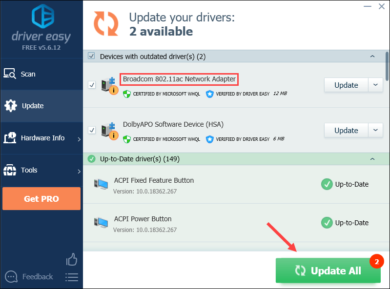 update network driver with Driver Easy
