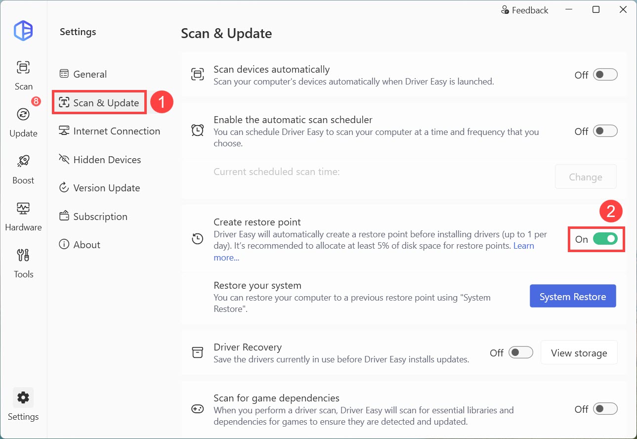 driver easy restore points