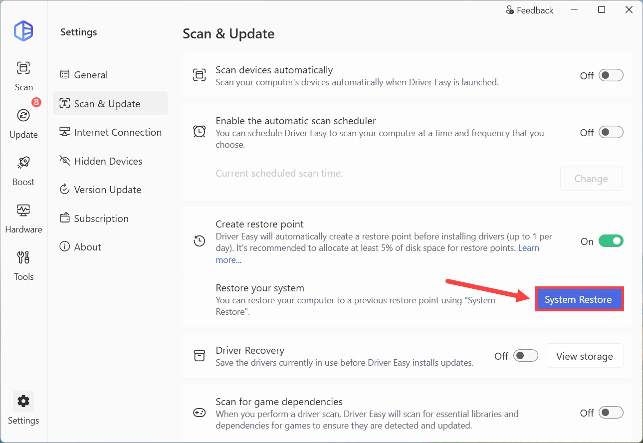 driver easy restore points