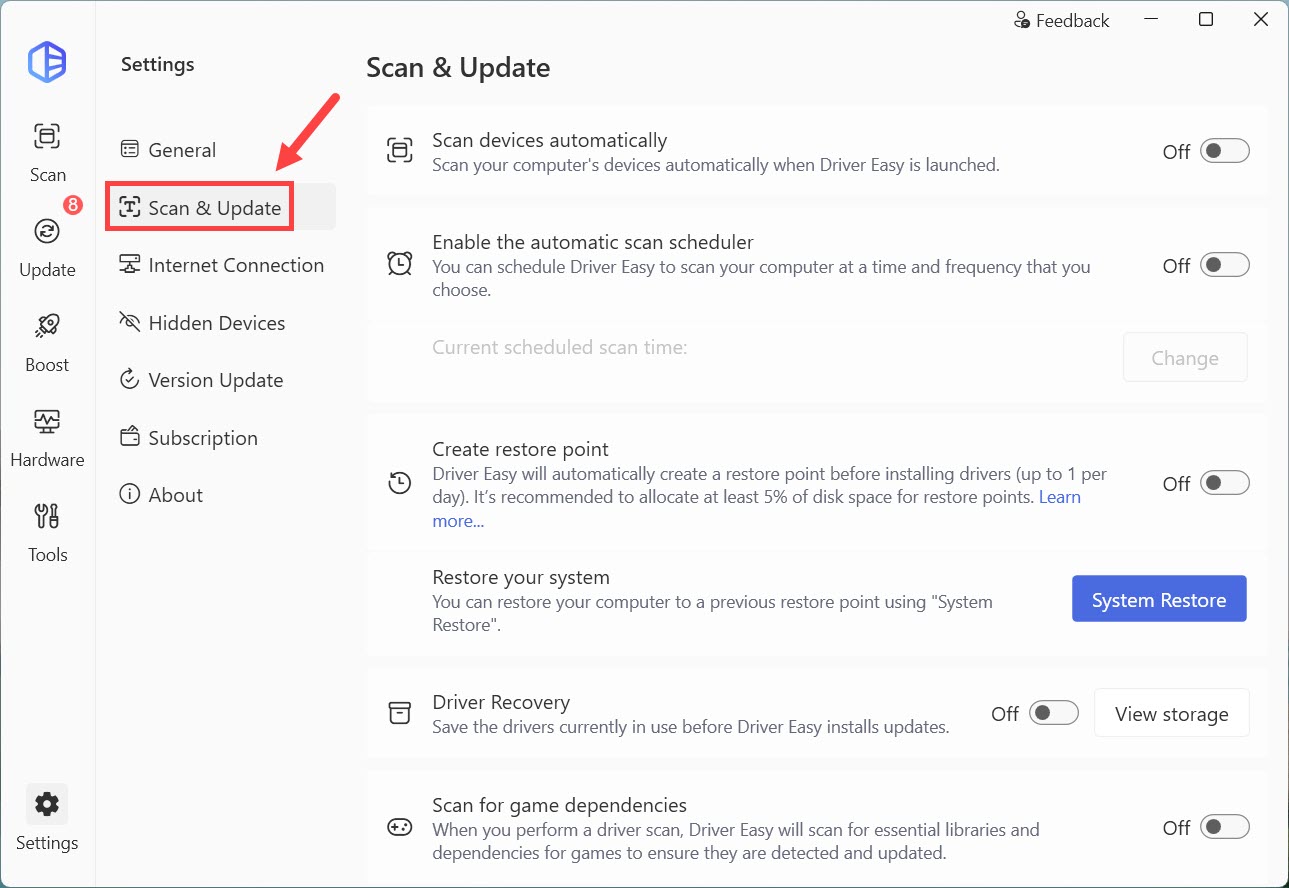 driver easy scan and update settings