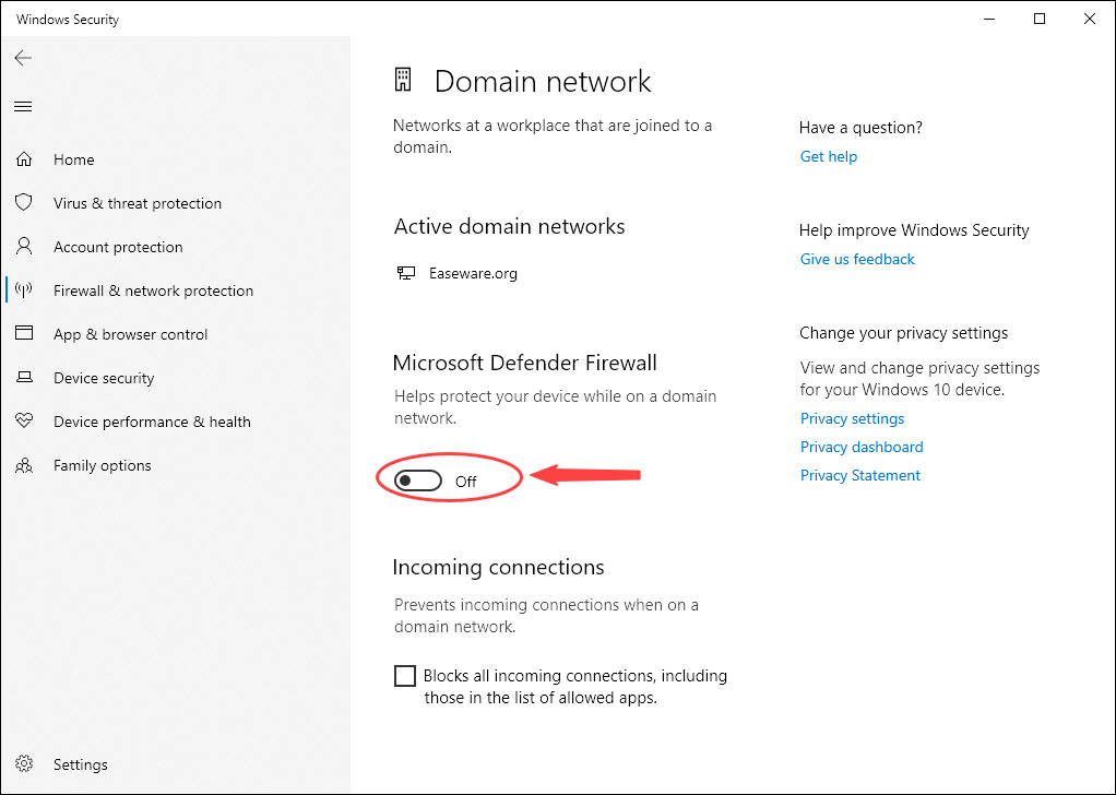 toggle firewall to off