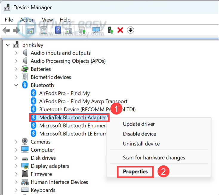 check bluetooth properties in windows device manager