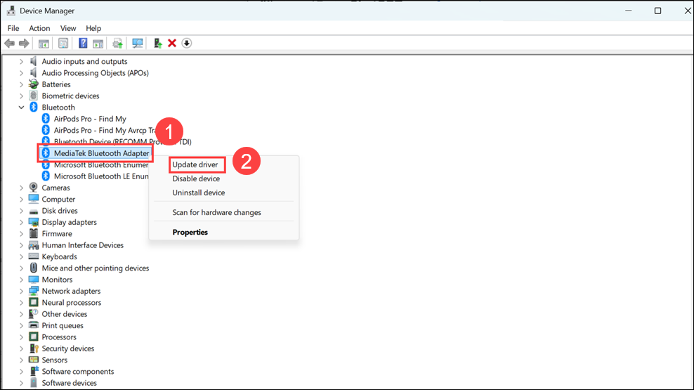 update bluetooth driver manually in windows device manager