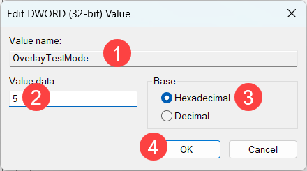 edit dword overlaytestmode registry editor