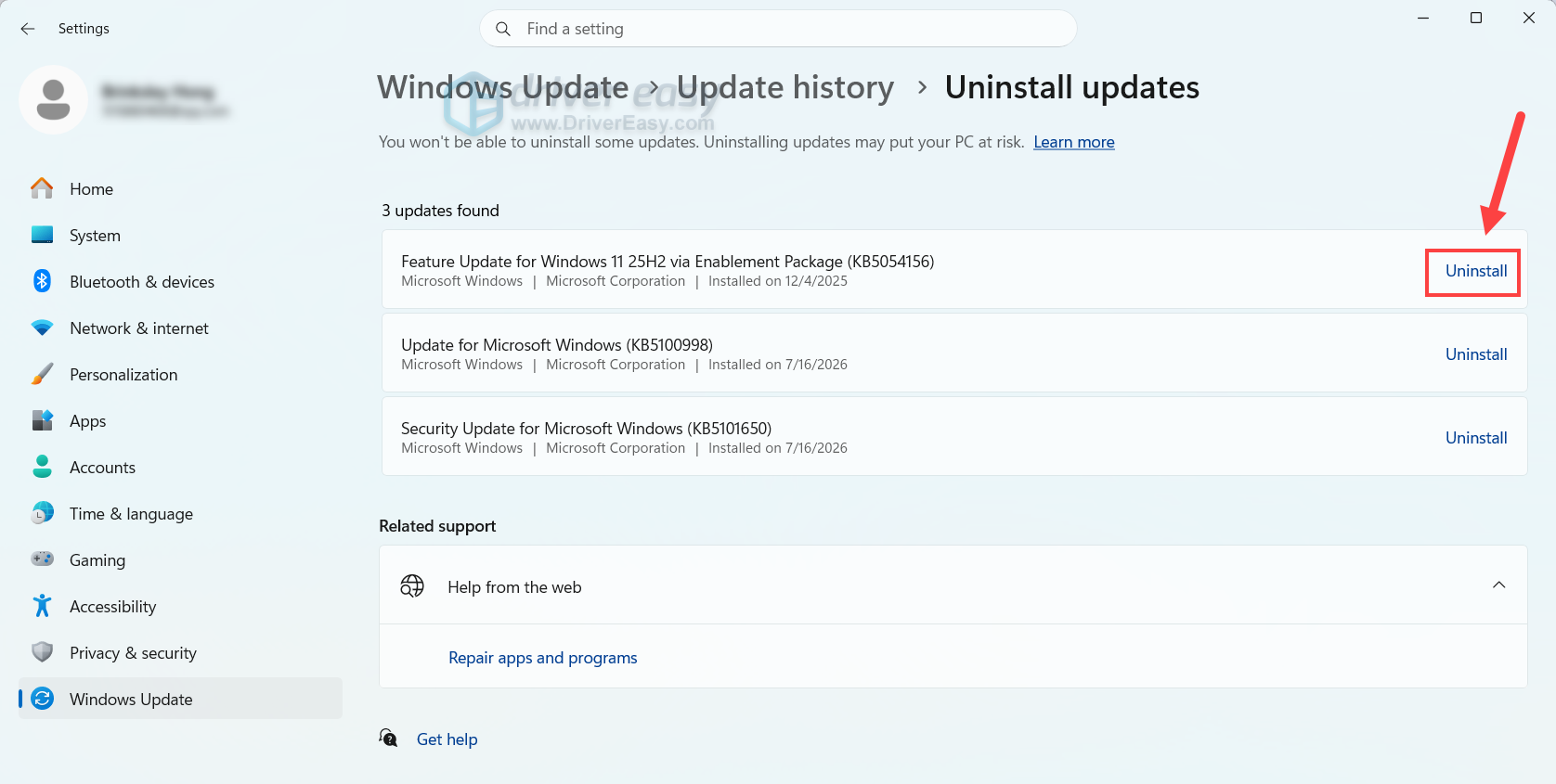 uninstall windows update windows 11