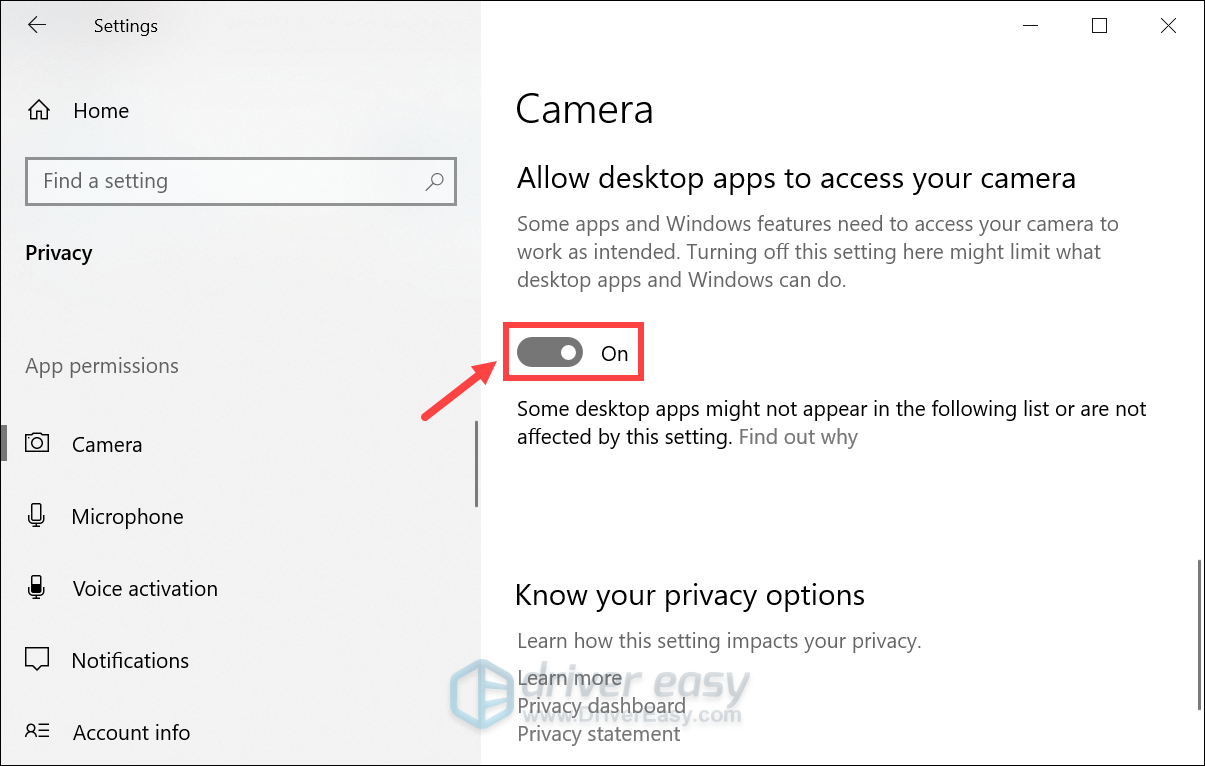 allow destops apps to access your camera