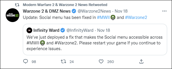 Warzone 2 social not working fix