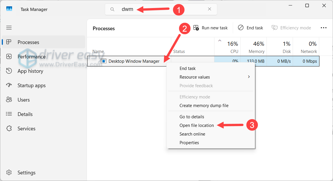 check dwm.exe file location on task manager