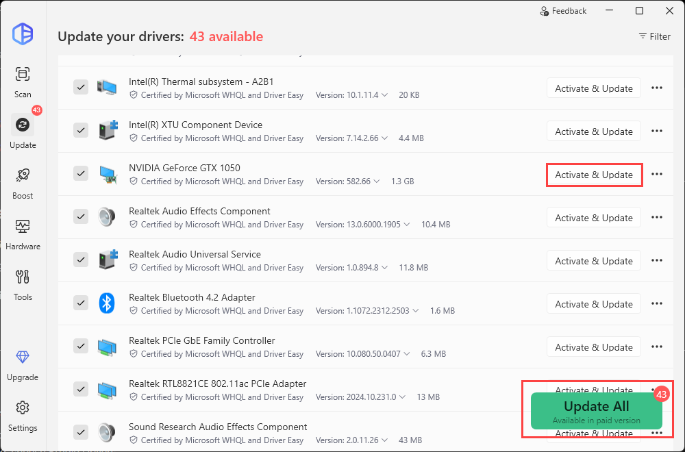 update nvdia graphics driver automatically with driver easy