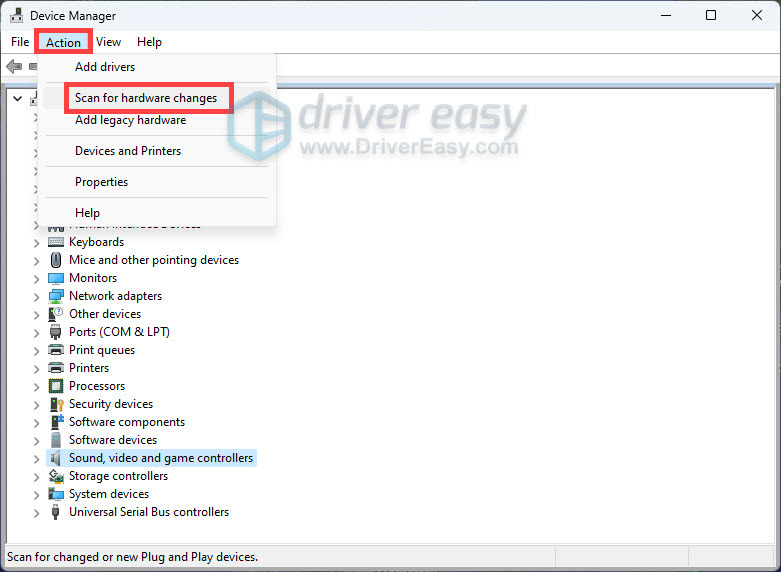 scan for hardware changes in device manager