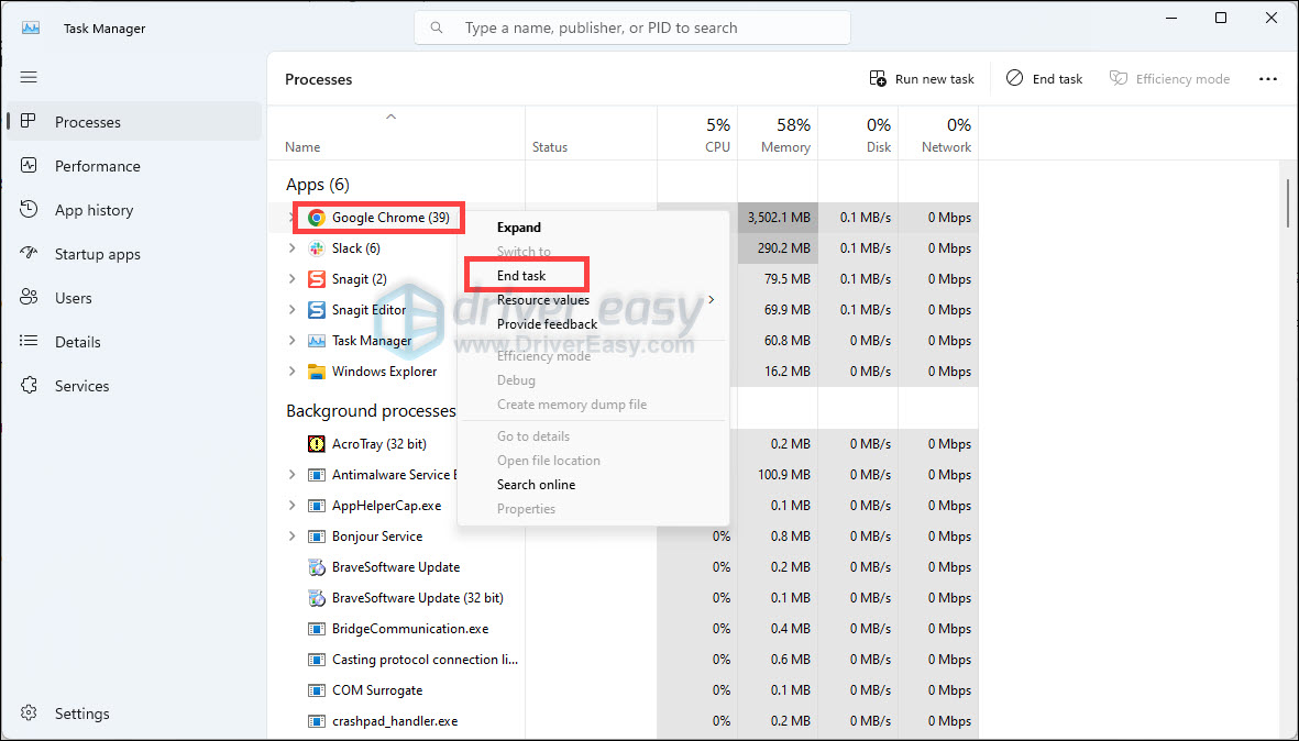 end application and process in task manager windows 11