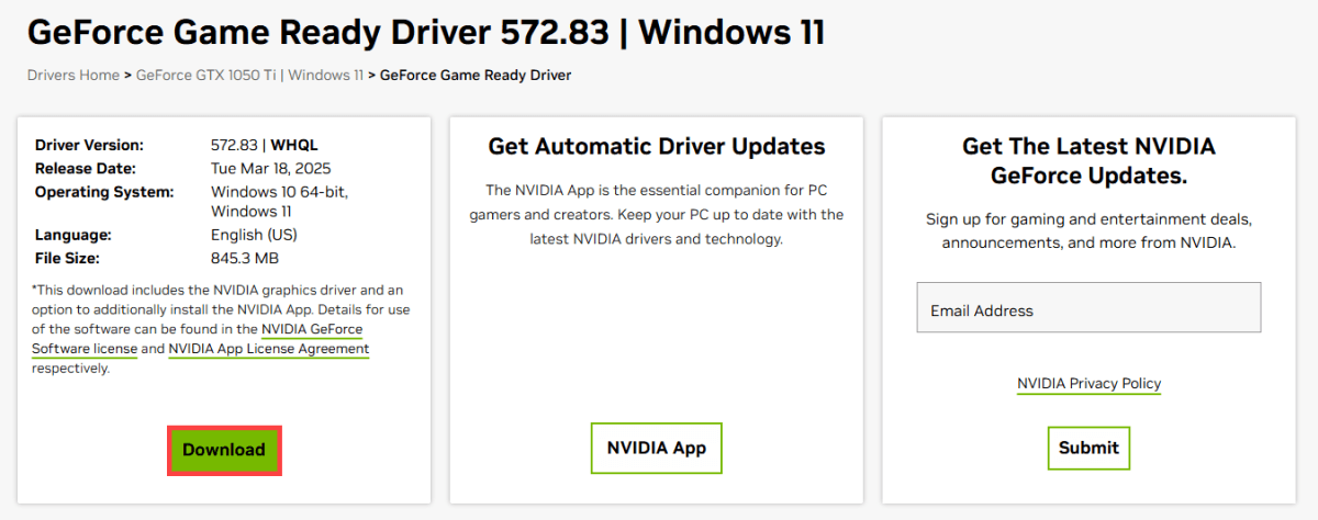 NVIDIA - Update graphics driver - 1050 Ti - Manual Driver Search - Download