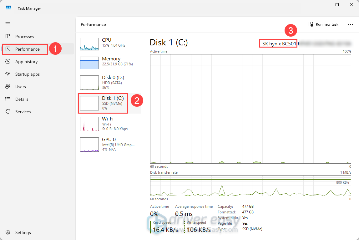 check ssd model in task manager
