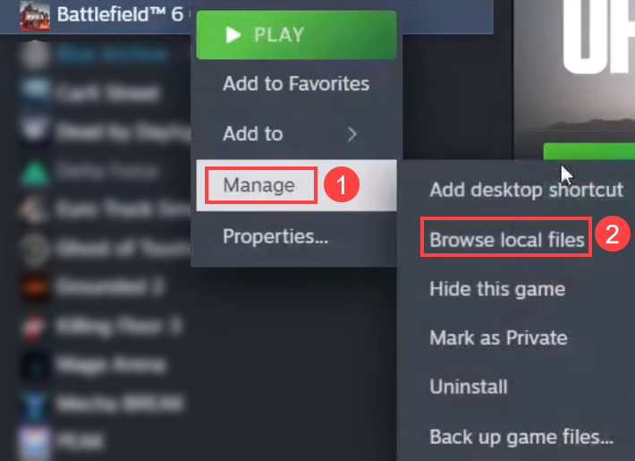 open battlefield installation folder on steam