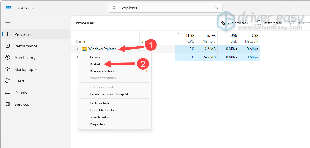 restart windows explorer in windows task manager