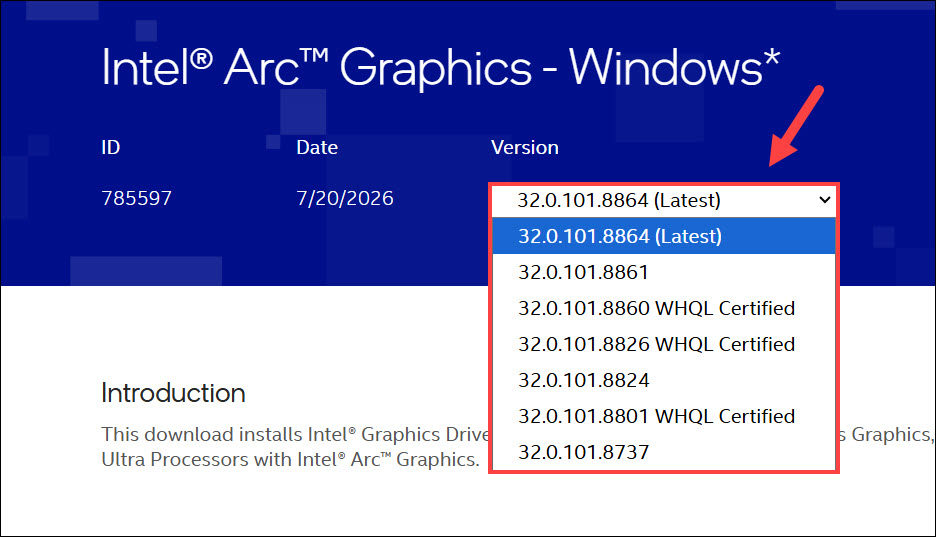 download old                                                                                                            intel arc graphics driver from intel website