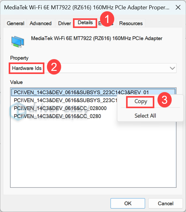 identify mediatek network adapter hardware ids