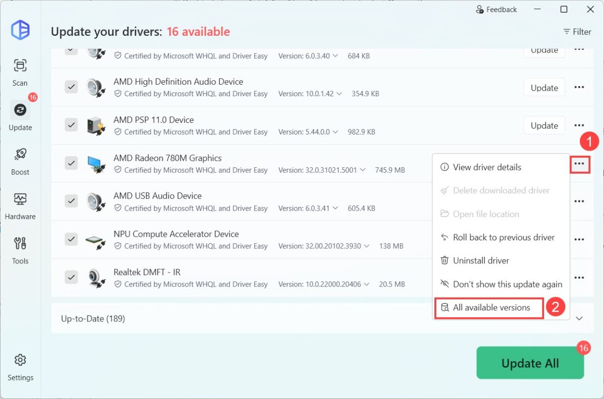 check all available versions for device drivers in driver easy