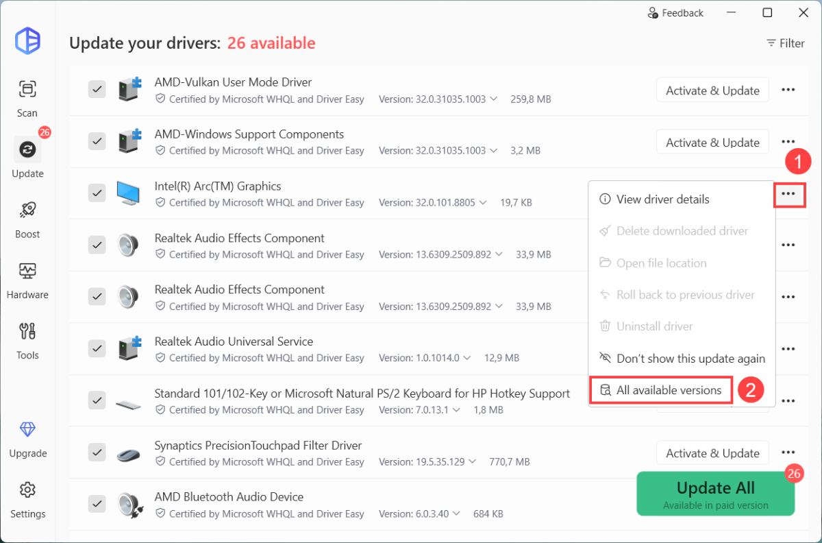 roll back intel arc graphics driver driver easy