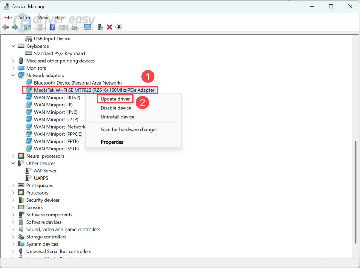 update mediatek wifi manually in device manager windows
