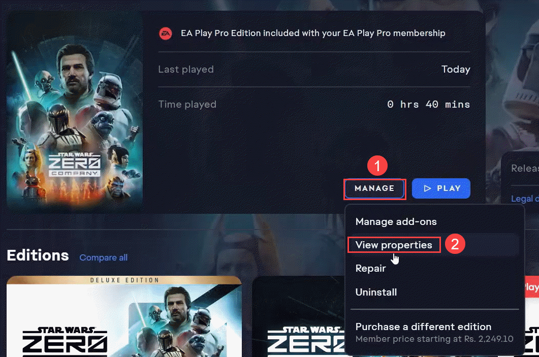 check star wars zero company properties in ea app