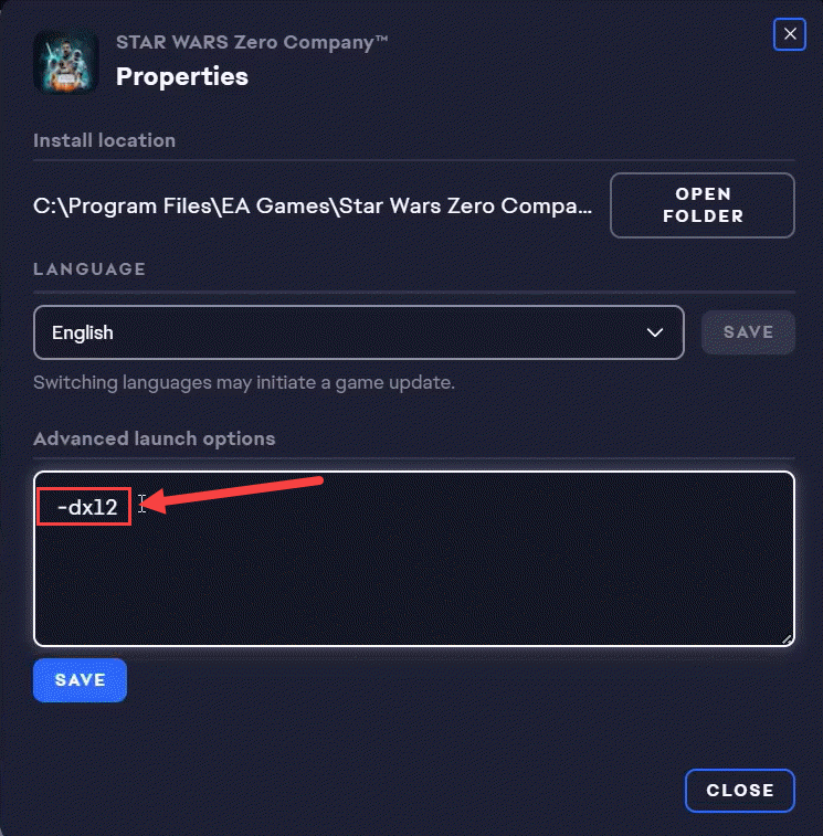 lauch star wars zero company in dx12 ea app