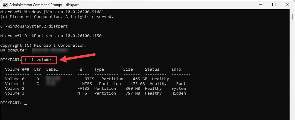 list volume command prompt