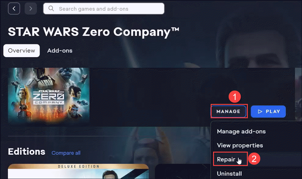 star wars zero company repair game files on ea app