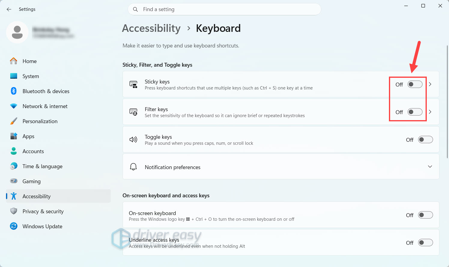turn off sticky keys and filter keys windows 11