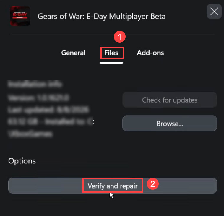 verify games files on xbox app gears of war e-day multiplayer beta