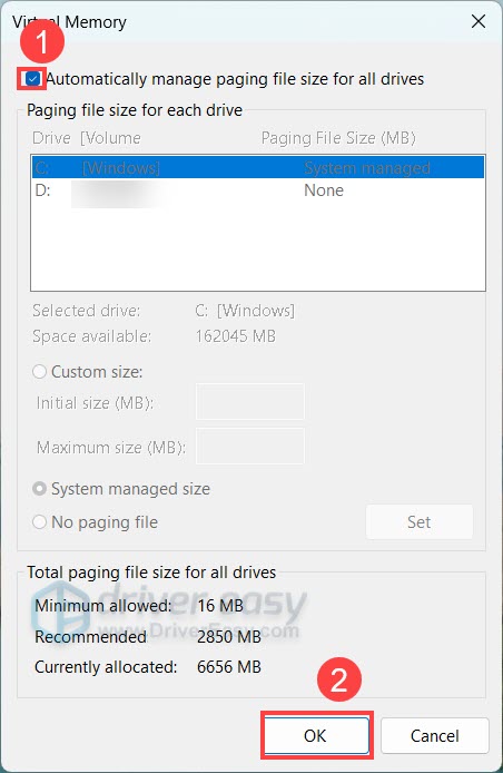 Automatically manage paging file size for all drives